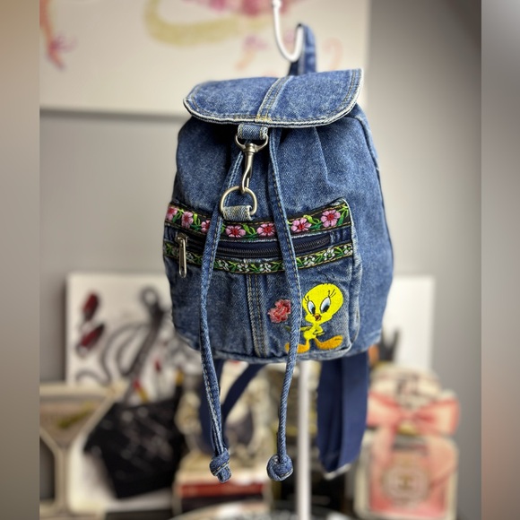 Warner bros 90s-00s vintage dead stock denim looney tunes backpack EUC - Picture 1 of 13